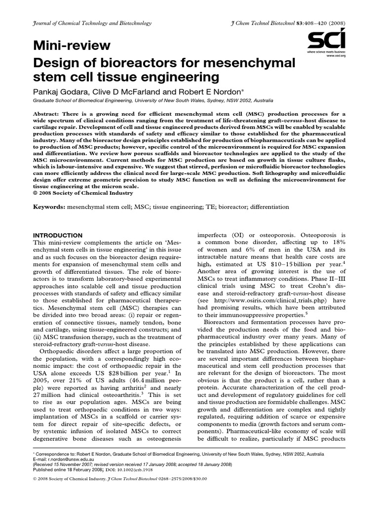 Design of Bioreactors For Mesenchymal Stem Cell Tissue Engineering ...