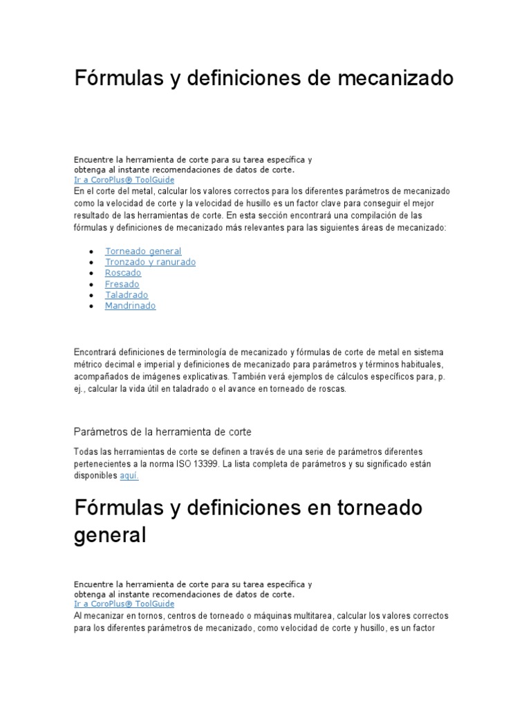 Formulas y Definiciones Sandvik PDF Perforar Rieles