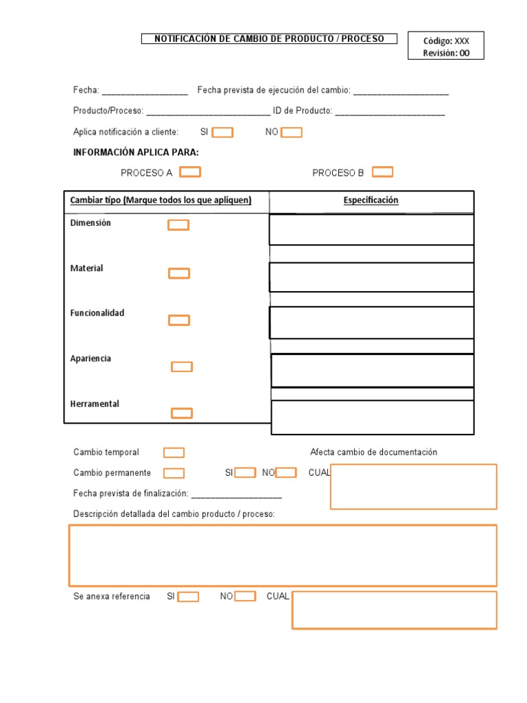 Notificacion de Cambio de Proceso-Producto | PDF