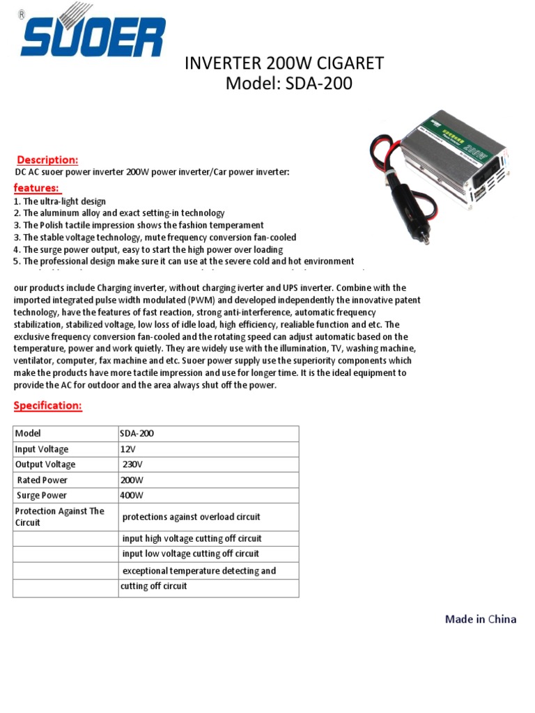 Inverter 200W Cigaret Model: SDA-200: Description: Features | PDF
