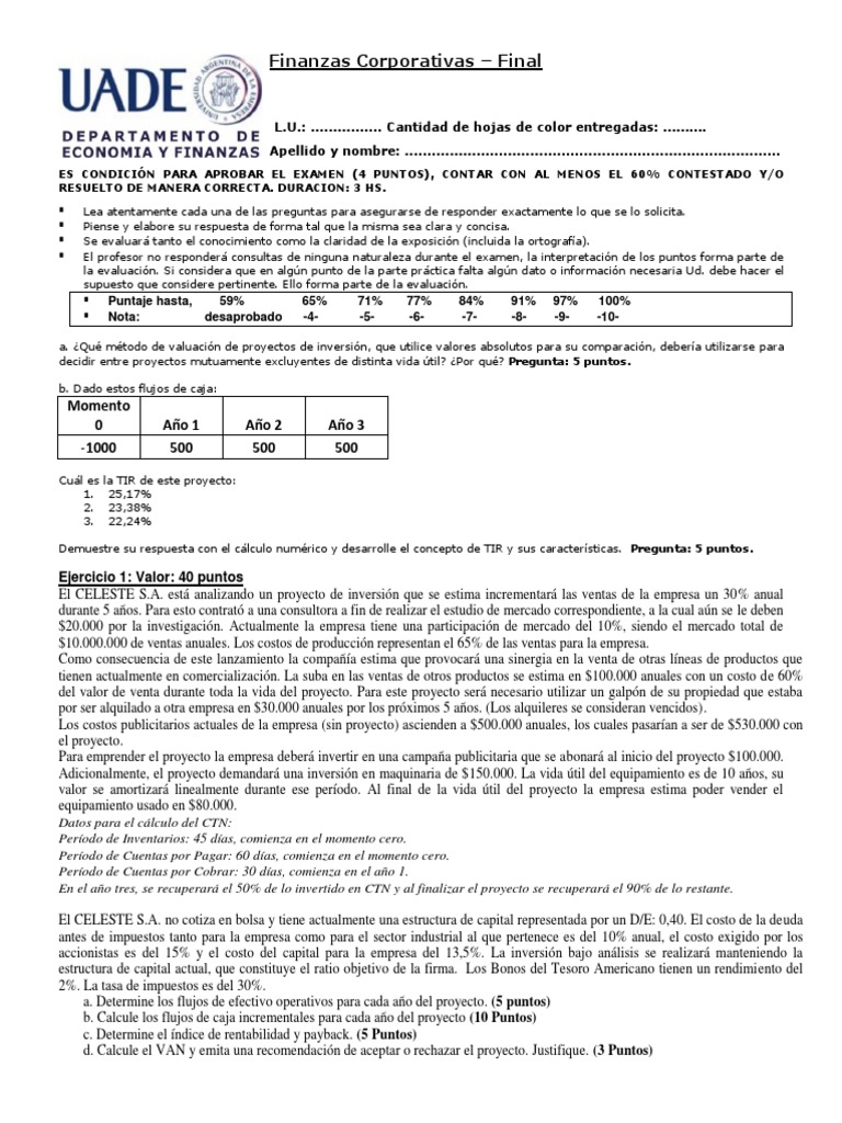 Finanzas Corporativas I Modelo de Final 2 | PDF | Compartir (Finanzas ...