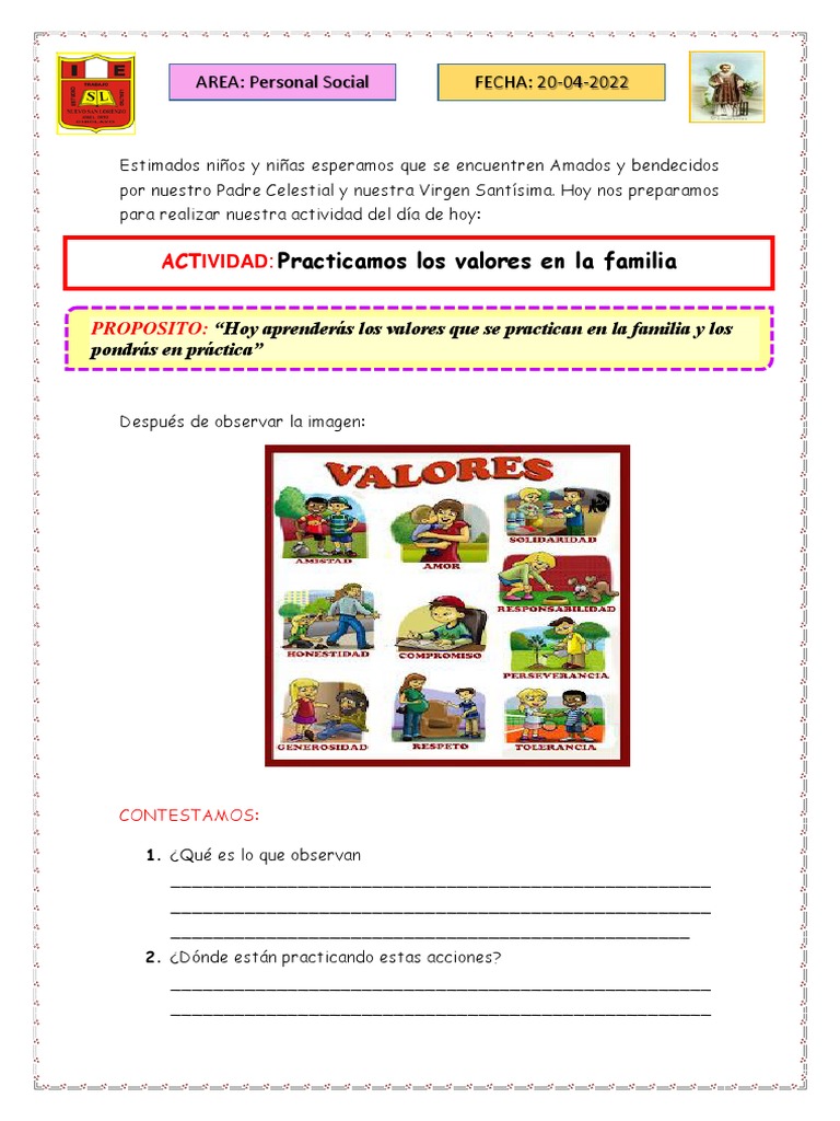Ficha de Practicamos Valores en La Familia | PDF