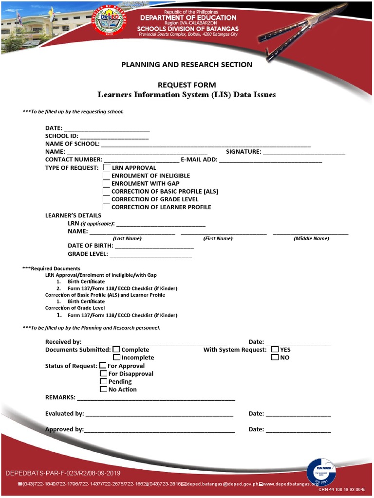 PAR F 023 Learners Information System LIS Data Issues Request Form | PDF