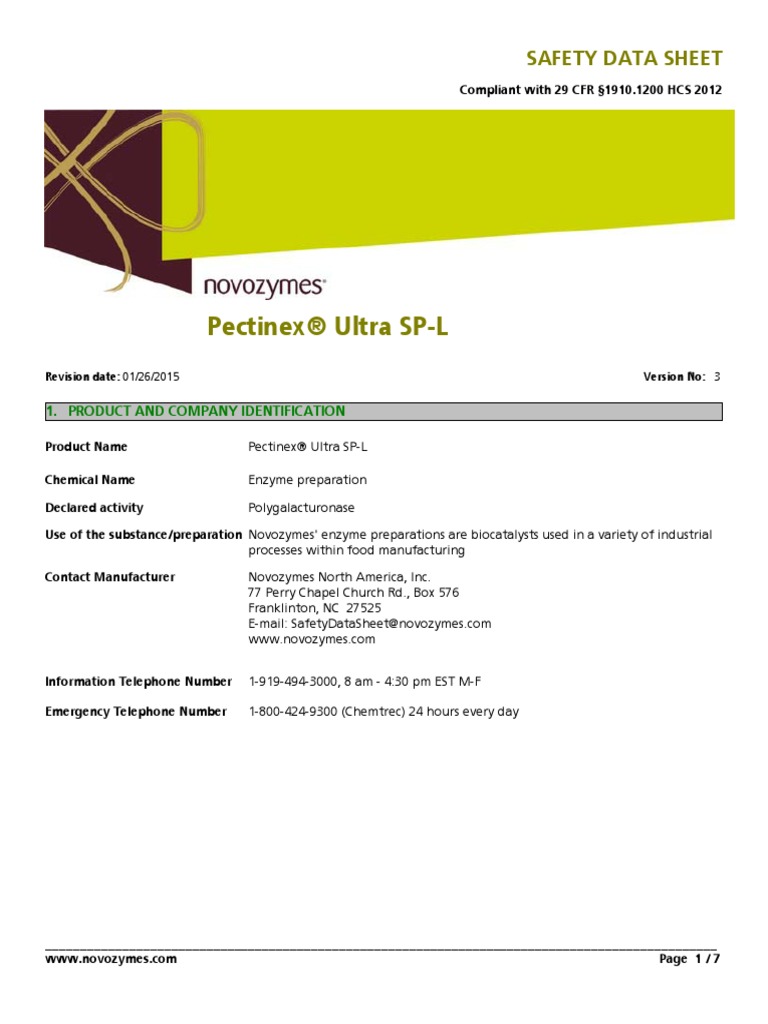 MSDS Pectinex Ultra SP L 01 26 2015 PDF Toxicity Dust