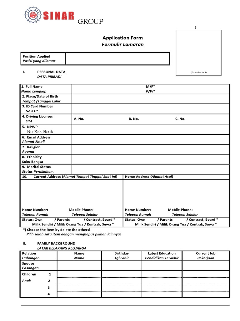 Sinar Job Application (SJA) Form | PDF