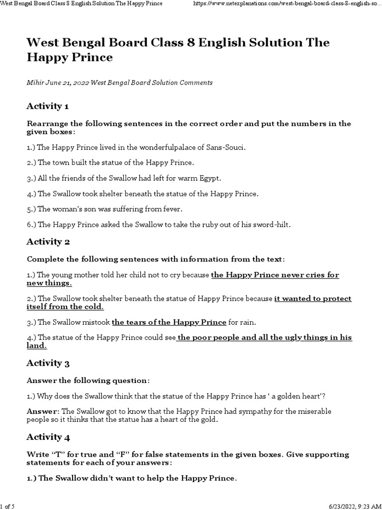 West Bengal Board Class 8 English Solution The Happy Prince PDF The
