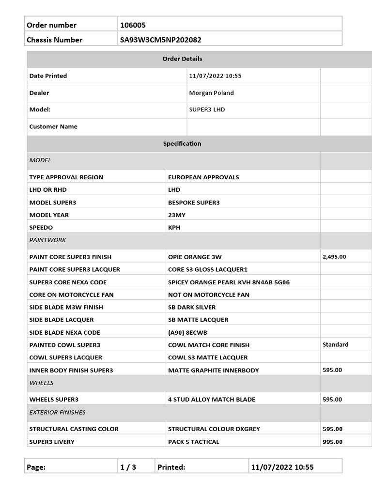 Morgan Poland SUPER3 Order Details | PDF | Wheeled Vehicles | Motor Vehicle