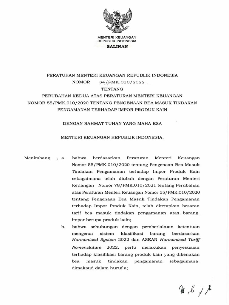 Permenkeu 34 PMK 010 2022 | PDF