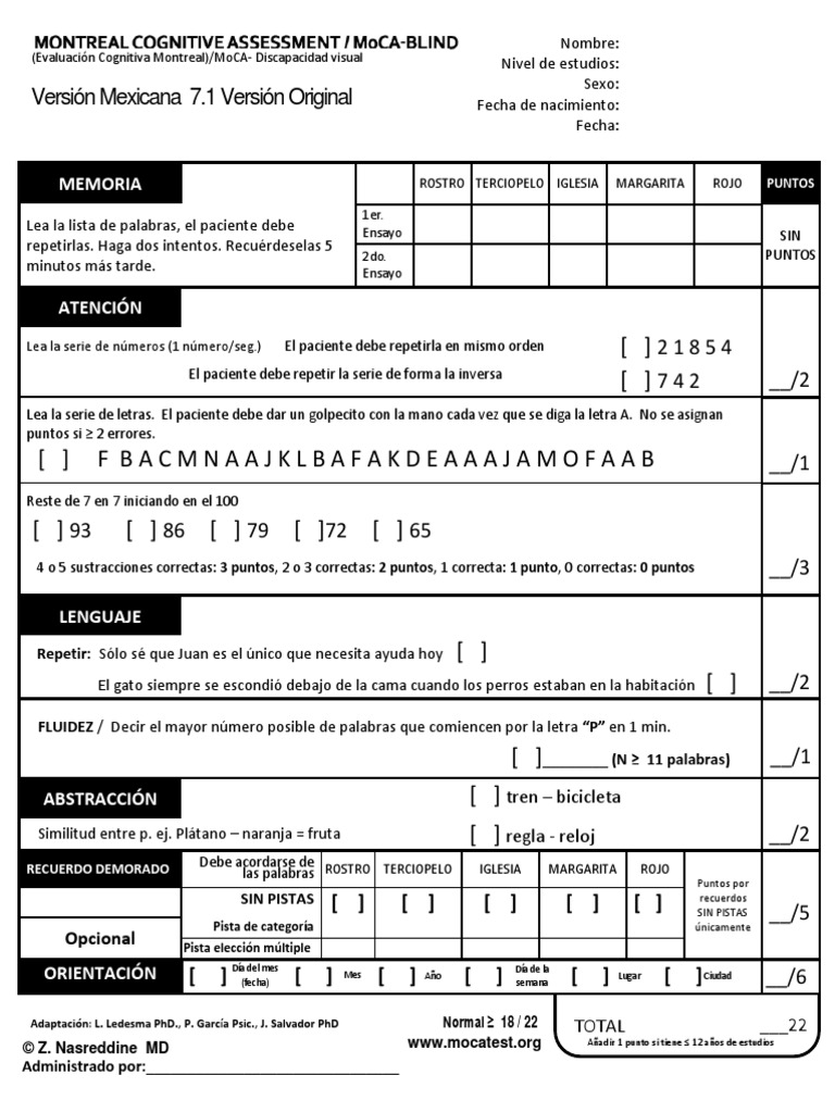 MoCA Test Spanish - 7.1BLIND | PDF | Ciencia cognitiva | Cognición