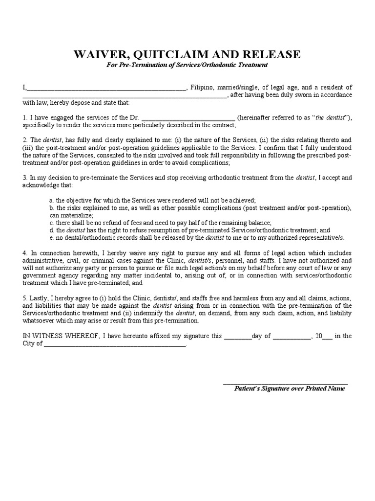Waiver, Quitclaim and Release For PreTermination of Services