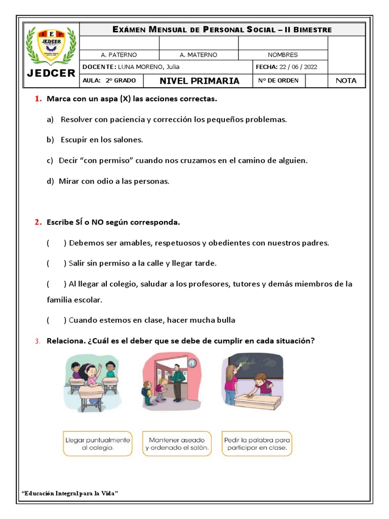 Examen de Personal Social 2 Grado Primaria Mensual Ii Bime | PDF ...
