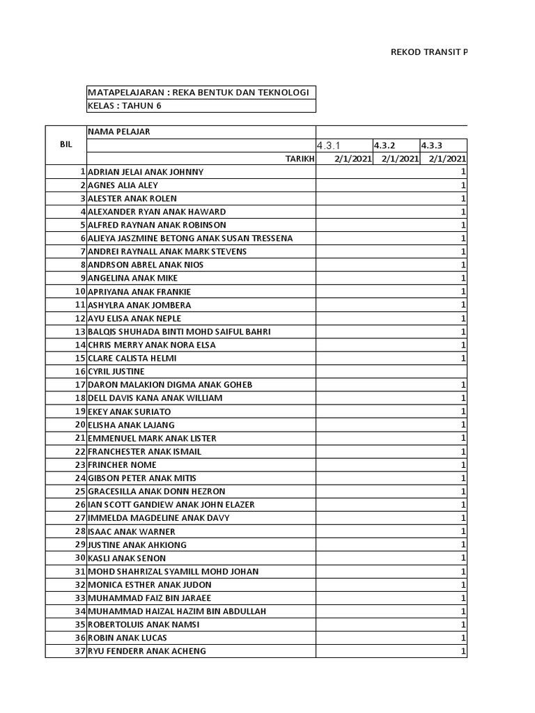 Rekod Transit PBD RBT Tahun 6 | PDF