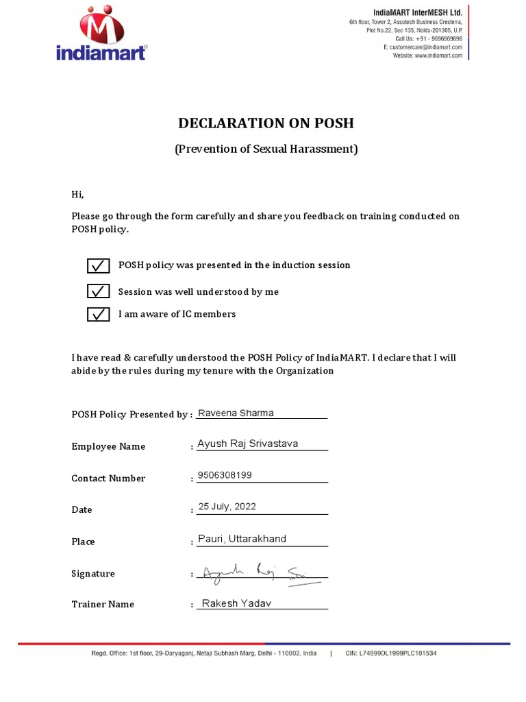 POSH Declaration Form Template | PDF