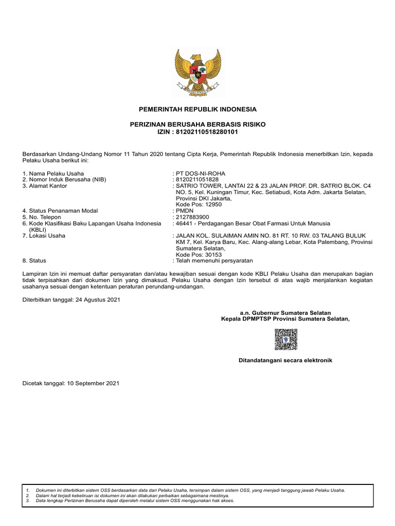Izin Usaha PT DOS-NI-ROHA | PDF