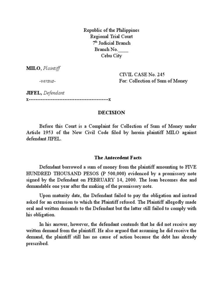 Decision Sum of Money PDF Loans Statute Of Limitations