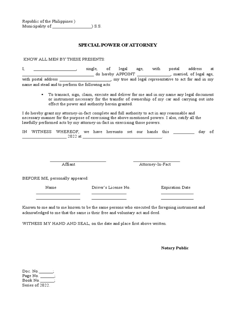 Sample SPA For Car Transfer of Ownership | PDF | Power Of Attorney ...