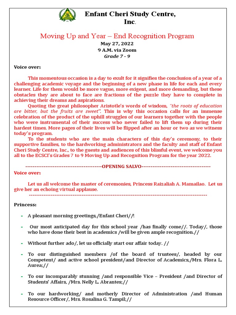 Emcee Script Moving Up and Recognition Program 2022 | PDF