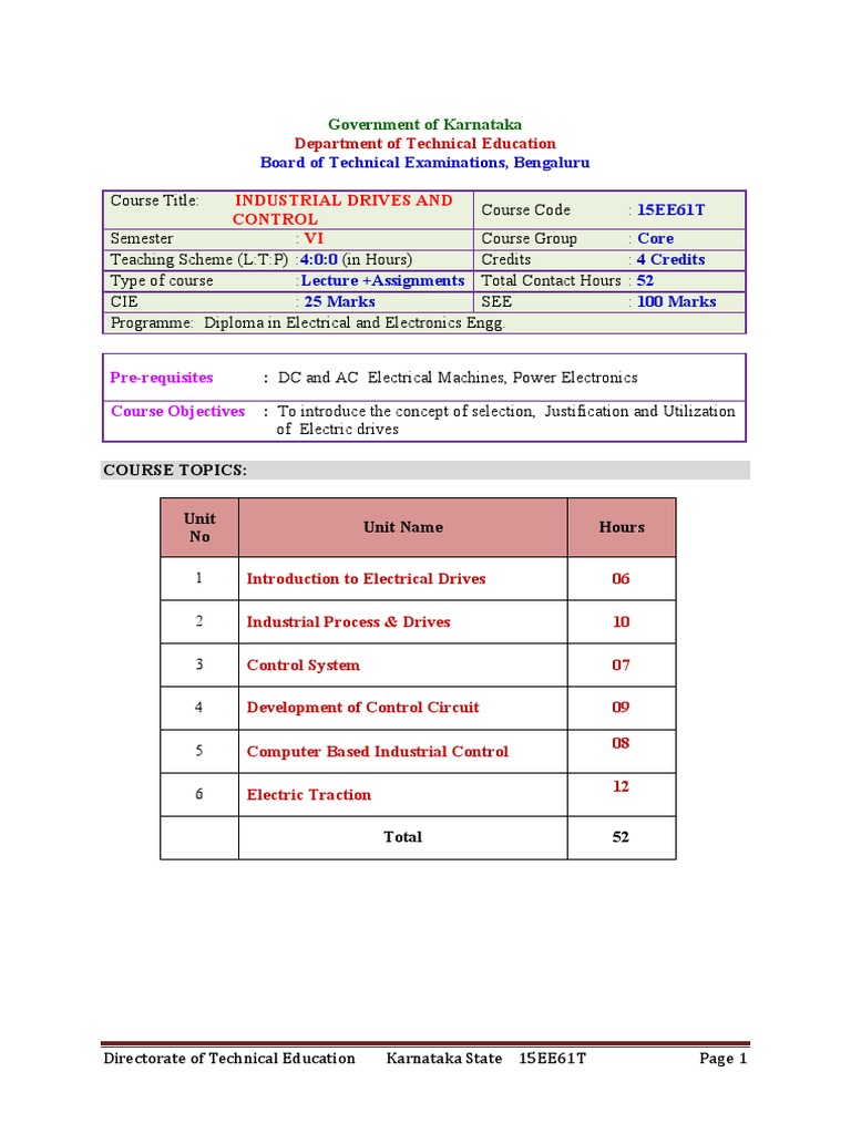 Industrial Drives and Control VI Department of Technical Education
