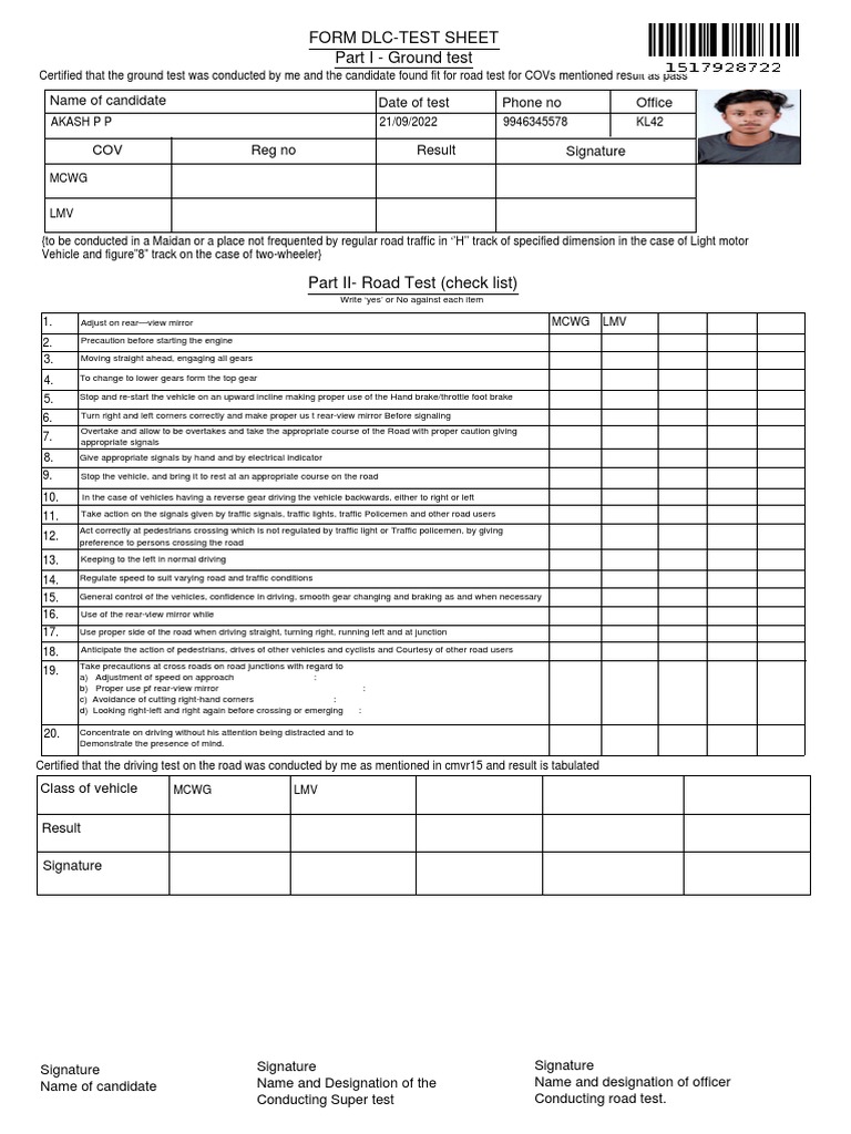 Driving Licence Test Sheet Template | PDF | Traffic | Road