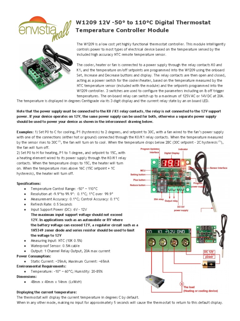 W1215 Digital Thermostat 12V + Probe NTC 10K Temperature