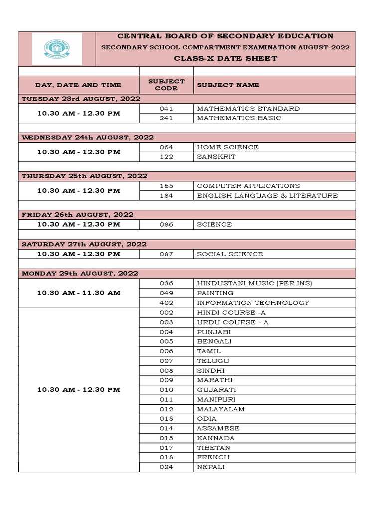 Comptt Datesheet Class10 2022 04082022 | PDF | Urdu | Linguistics