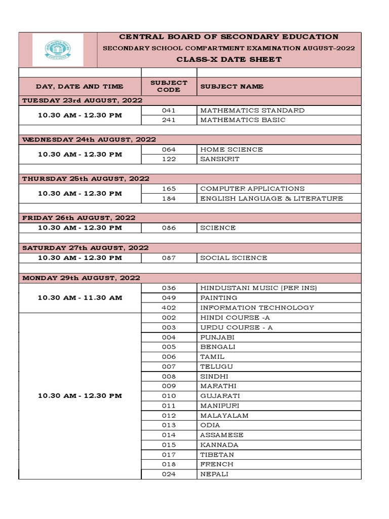 Central Board of Secondary Education ClassX Date Sheet Secondary