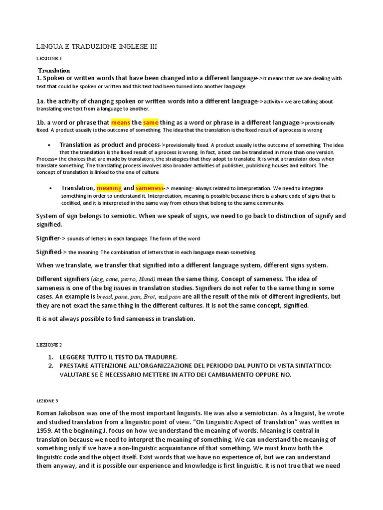 Lingua e Traduzione Inglese Iii PDF Translations Semiotics