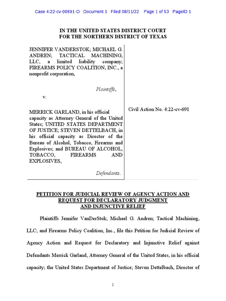 VanDerStok V Garland Complaint PDF Justice Crime & Violence
