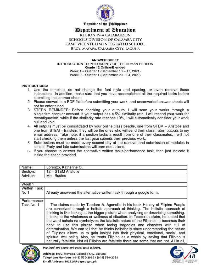 Grade 12 Philosophy Answer Sheet | PDF | Truth | Cognitive Science