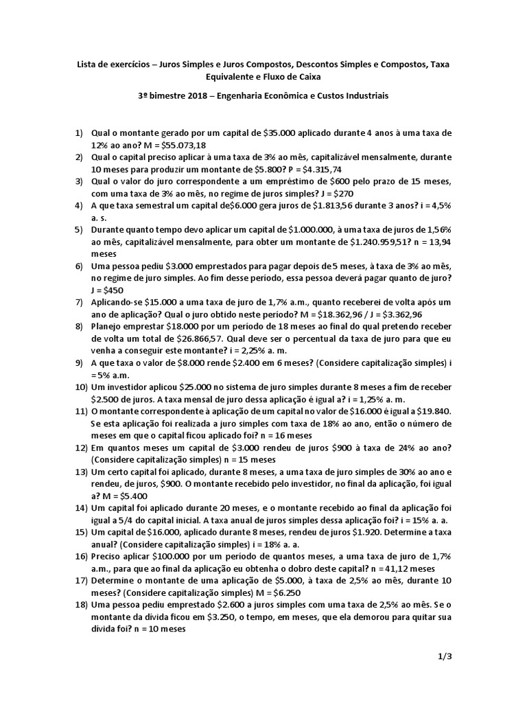 Lista de exercícios sobre juros simples e compostos, descontos simples ...