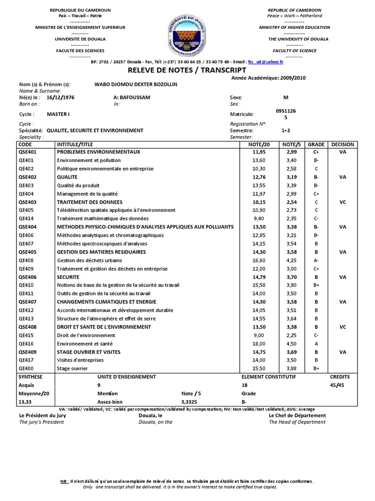 Relevé de Notes Master I QSE 2009/2010 | PDF | Environnement naturel ...