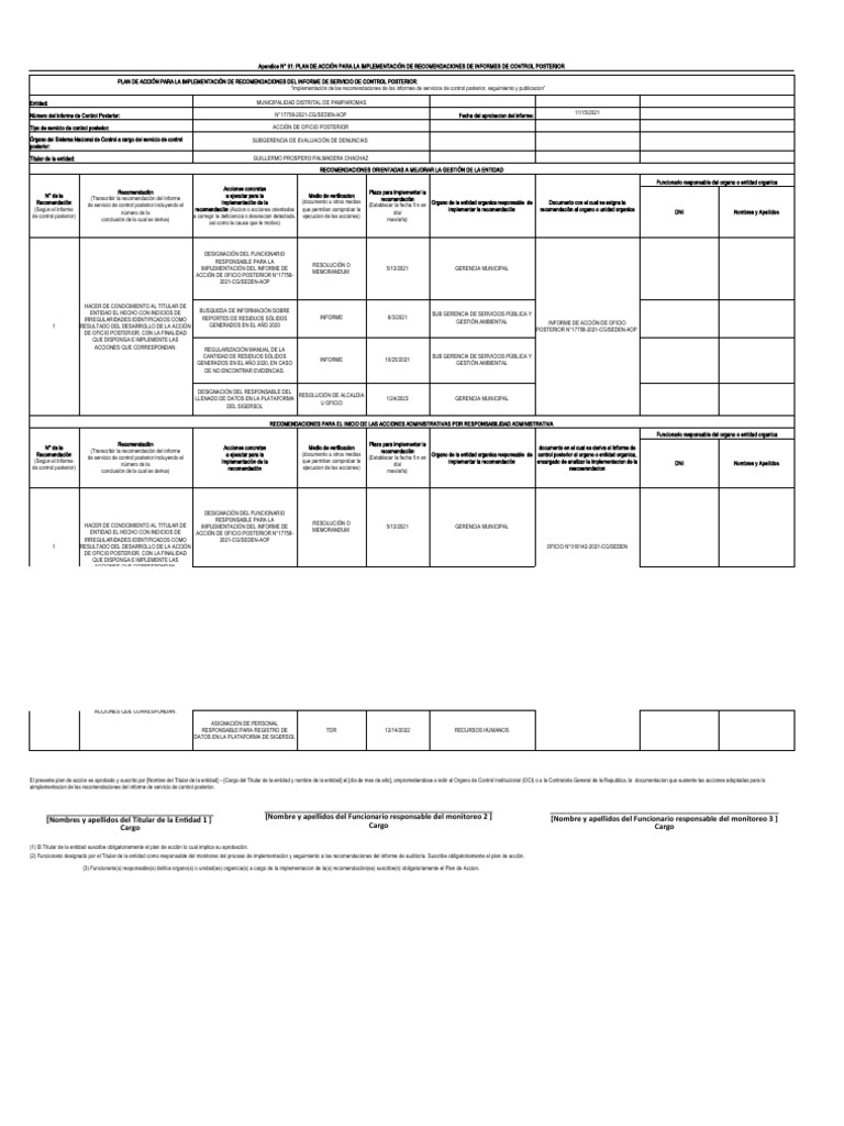 Plan de Acción para Recomendaciones de Control | PDF | Business ...