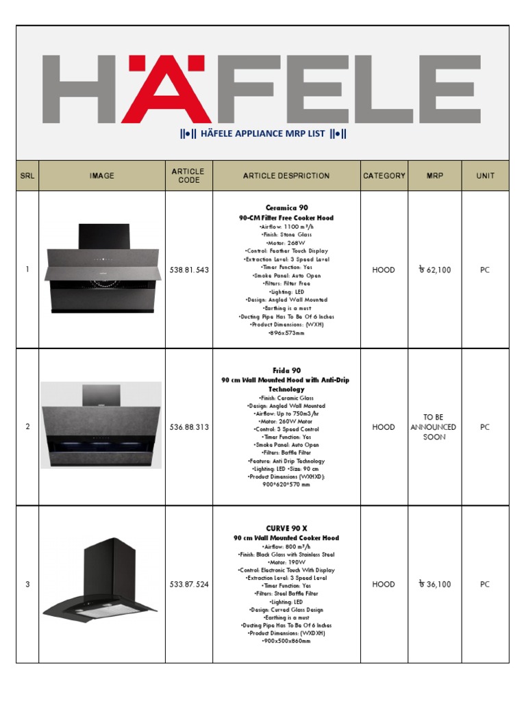 Häfele Appliance MRP List PDF Washing Machine Oven