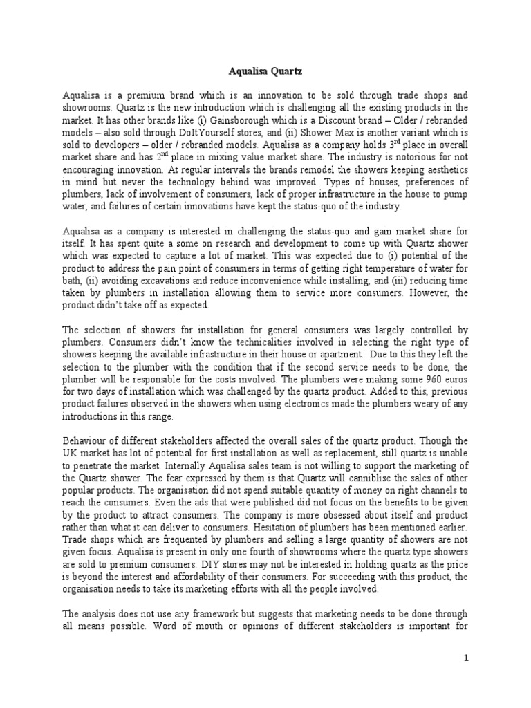 Aqualisa Quartz Summary PDF Sales Marketing