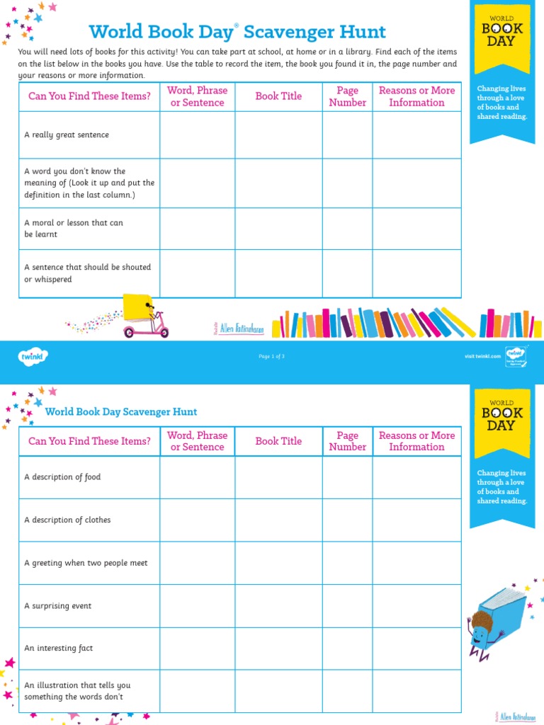 World Book Day Scavenger Hunt PDF Sentence (Linguistics) Books