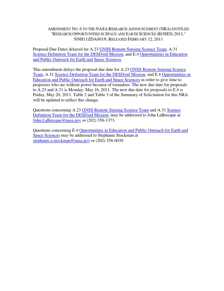 NASA Research Announcement Amendment 6 | PDF | Spaceflight | Science