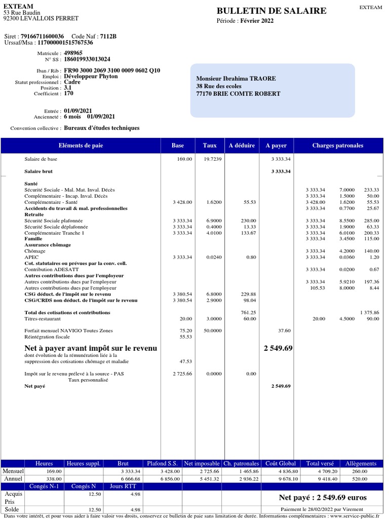 Bulletin de salaire Ibrahima Traoré | PDF | Impôt sur le revenu | Impôts