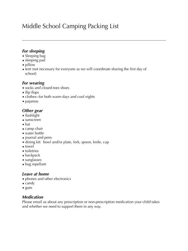 Camp Packing List PDF Home Outdoor Recreation