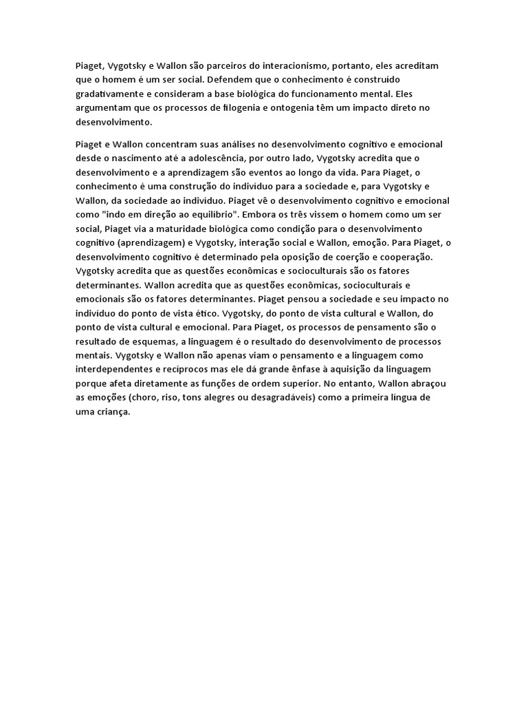 Teorias de Piaget, Vygotsky e Wallon | PDF | Bem-estar | Ciências e ...