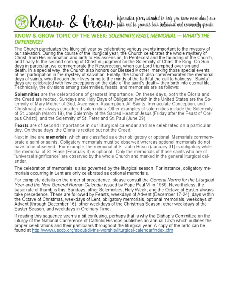 Solemnity Feast Memorial Whats The Difference PDF Liturgical Year