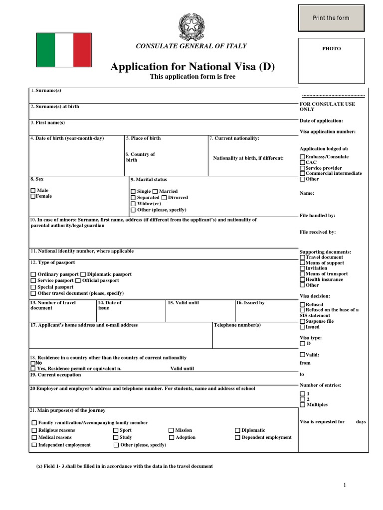 Application For National Visa (D) : Consulate General of Italy | PDF ...