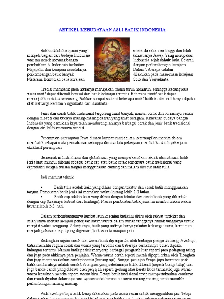 Artikel Kebudayaan Asli Batik  Indonesia 