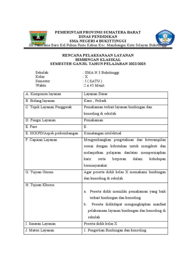 Rencana Bimbingan Klasikal SMA N 3 | PDF | Karier & Perkembangan
