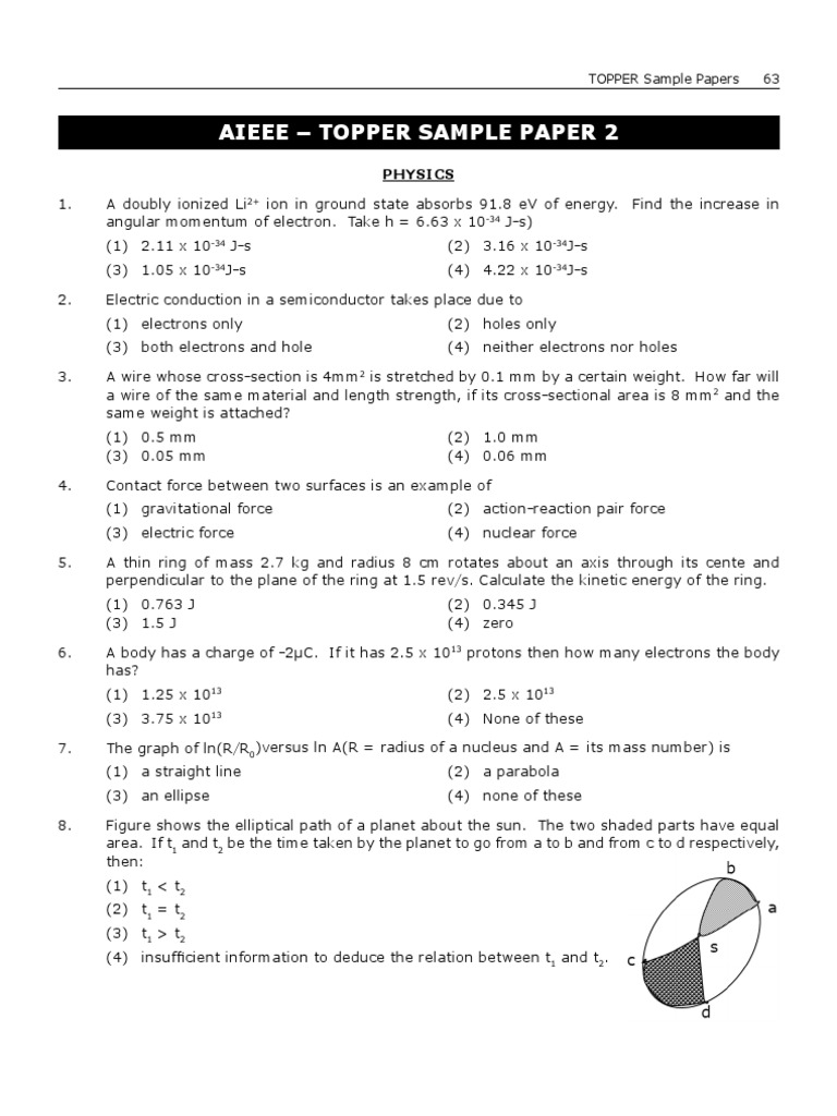 Aieee - Topper Sample Paper 2: Physics | PDF | Electric Current | Electron
