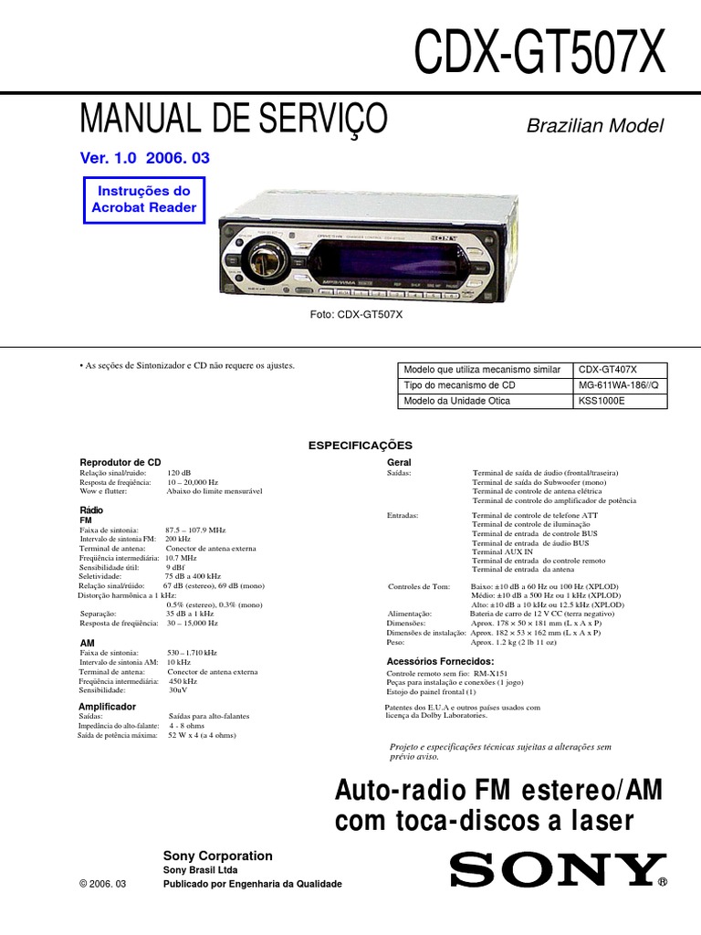 Sony Cdx-Gt507x Ver-1.0 SM | PDF | Disco Compacto (CD) | Ótica