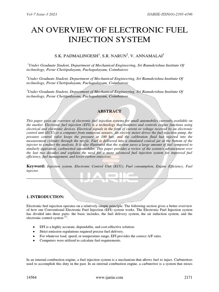 AN OVERVIEW OF ELECTRONIC FUEL INJECTION SYSTEM Ijariie14564 | PDF ...