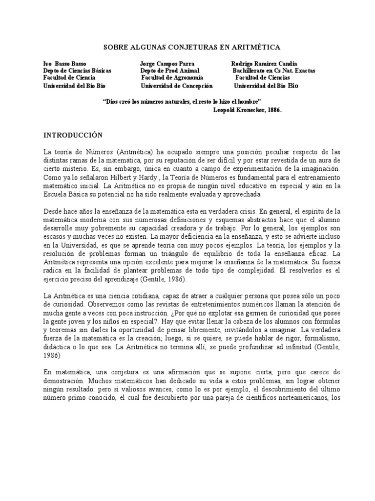 Conjeturas en Aritmética | PDF | Número primo | Matemáticas discretas