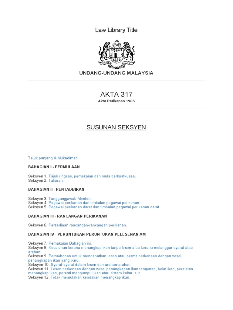 Law Net Akta Perikanan 1985 Act 317 Acts Supplement Original