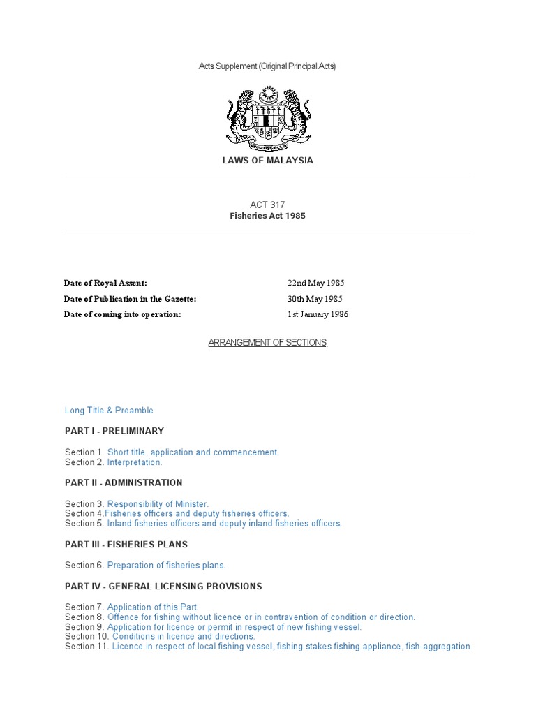 Law Net Fisheries Act 1985 Act 317 Acts Supplement Original