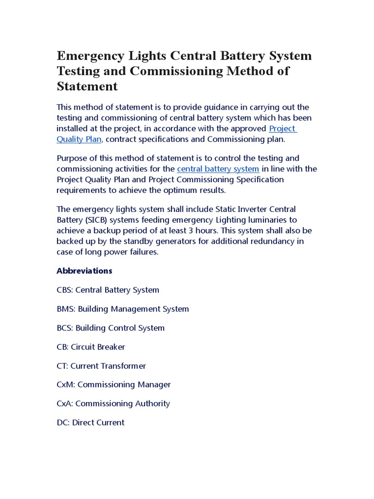 Emergency Lights Central Battery System Testing and Commissioning